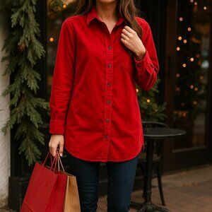 J.Jill Red Corduroy Button-Down, Cozy Winter Top